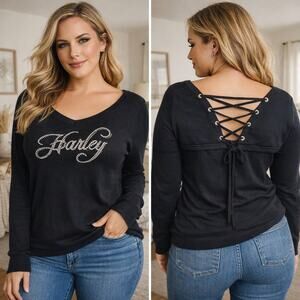 NWT Harley-Davidson Rhinestone Lace-Up Back Long Sleeve Top – Size Medium
